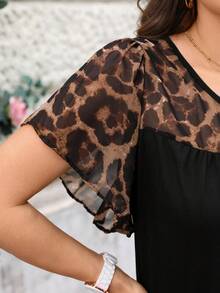 Miaspire Plus Size Women Leopard Print Tie Front Ruffle Sleeve Dressy Blouse,Summer/Spring - Black - View 6
