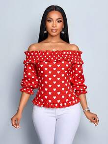 SOLERSUN Women's Elegant Off-Shoulder Ruffle Trim 3/4 Sleeve Blouse With Heart Design, Suitable For Casual Wear, Valentine's Day - Red - View 5