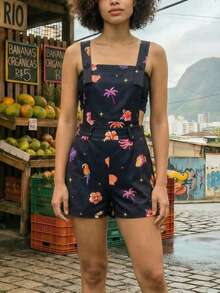 CAJUNI Black Romper With Embroidery Tropical Elements - Black - View 1