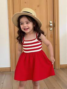 SHEIN Playful Pals 女嬰細肩帶A字裙 紅白條紋 夏季可愛派對裝扮 簡約優雅 寬鬆版型 海灘度假休閒夏日洋裝 - 紅色 - 查看 10
