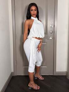 Slaydiva New Early Spring, Spring And Summer Music Festival, Valentine's Day, Easter Casual, Simple And Basic Style, Y2K Street Sweet, Best-Selling, Daily Date, Hot Girl Style, Sexy, Sporty And Stylish Style, Halter, Backless, Flower Bud Top, Sleeveless Vest + Tie, Bow, Waist, Seven-Inch Pants, Slimming Pants, White Set, Women's Two Pieces Set -A - White - View 10