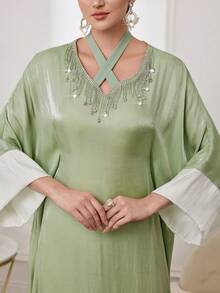 Al Najma 女士优雅奢华缎面串珠V领长袖连衣裙，适合派对和外出穿着 - 綠色 - 查看 1