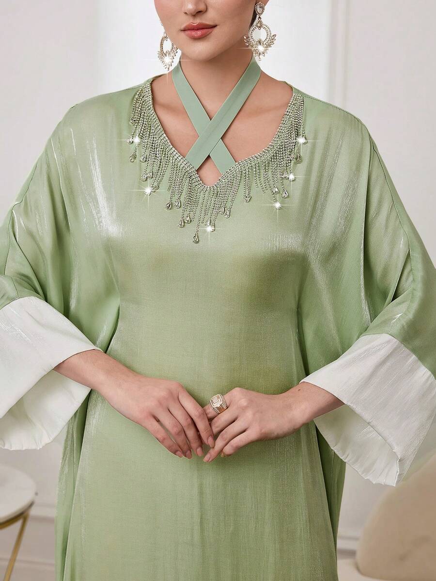 Al Najma 女士优雅奢华缎面串珠V领长袖连衣裙，适合派对和外出穿着 - 綠色 - 查看 1