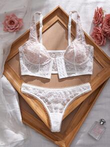 2pcs Lace Patchwork Front Closure Women's Lingerie Set - White - View 9