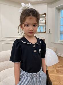 Dazy Kids Camiseta de manga corta con cuello, botones y estampado de lazo, casual para niña, versátil para uso diario - Negro - Ver 11