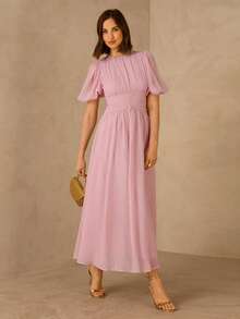 Enchnt 女士纯色褶皱圆领休闲短袖连衣裙 - Butter Yellow - 查看 4