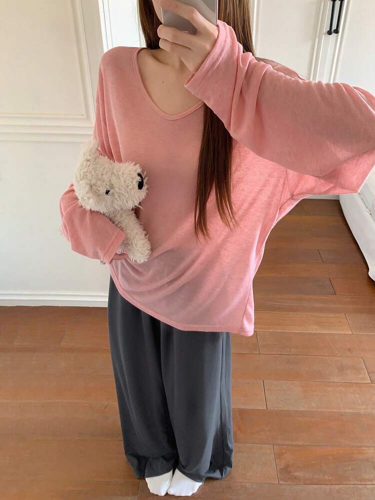 Solid Color Lightweight Semi-Sheer Cover Up Top & Long Pajama Pants Women Sleepwear Set