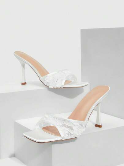 CUCCOO SZL Lace Square Toe Stiletto High Heel Sandals, Elegant Lady Style With Premium Quality, Square Toe Open Toe + Thin High Heel, Strap + Ankle Rhinestone Chain Decor, Breathable Lace Upper, Suitable For Sexy & Elegant Women, Fit For Banquet, Date, Formal Dress, Daily Wear Valentine's Day