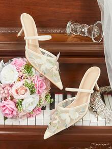 CUCCOO HITCHD 女士时尚优雅派对花卉刺绣3D蝴蝶装饰尖头高跟鞋 - 米色 - 查看 2