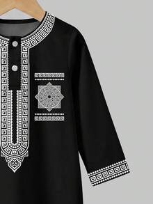 Young Boy Classic Geometric Print Middle Eastern Arabic Traditional Kaftan Shirt - Multicolor - View 4