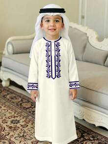 Young Boy Classic Floral Print Middle Eastern Arabic Traditional Kaftan Shirt