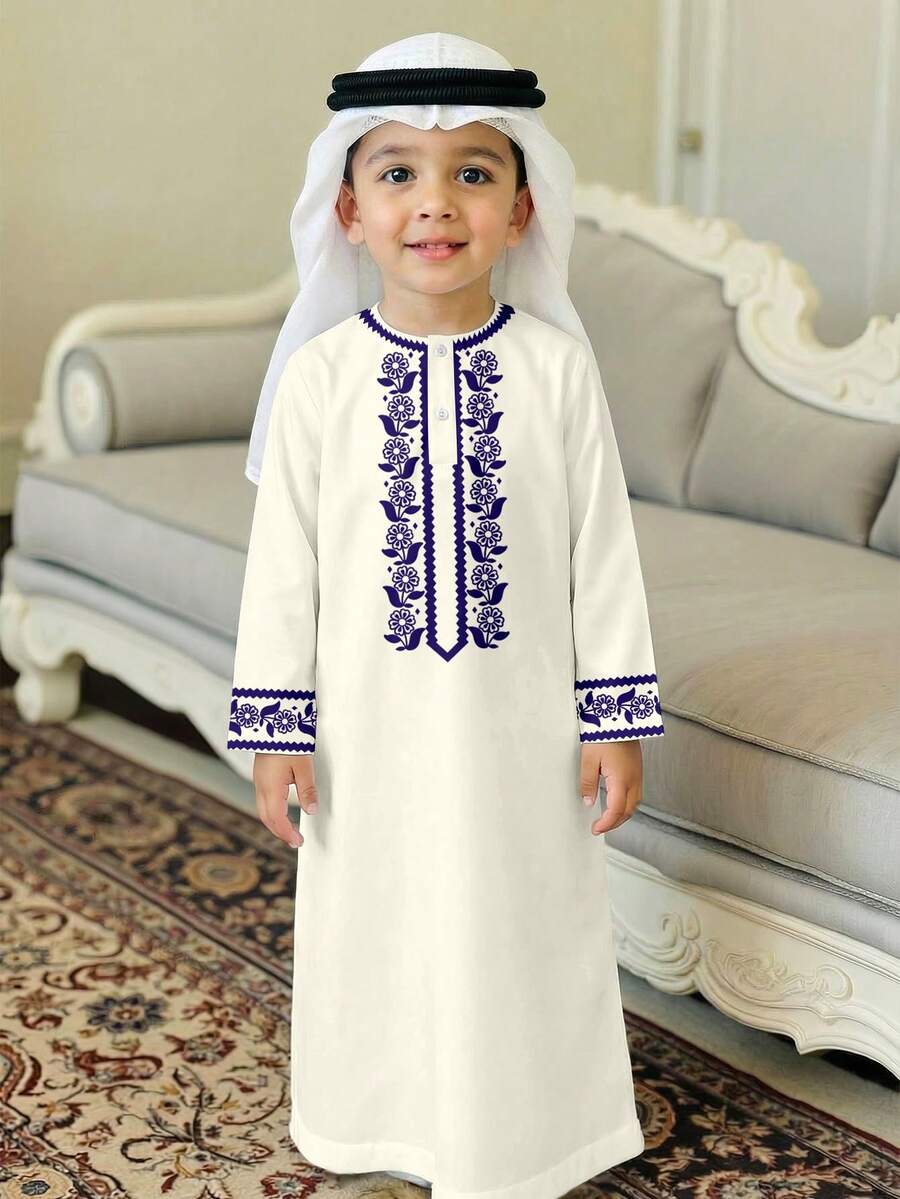 Young Boy Classic Floral Print Middle Eastern Arabic Traditional Kaftan Shirt