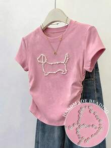 Resyla Casual Beaded Round Neck Women's Graphic T-Shirt - Pink - View 1