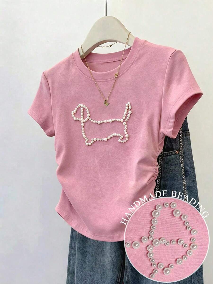 Resyla Casual Beaded Round Neck Women's Graphic T-Shirt - Pink - View 1