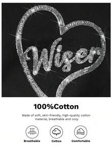 Maija 女士水钻刺绣闪亮爱心图案派对休闲宽松短袖圆领套头T恤，黑色节日款 - 黑色 - 查看 8