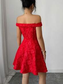 Rafferiza 女士露肩纹理面料A字下摆百搭通勤派对约会优雅年轻女士连衣裙 - 紅色 - 查看 2