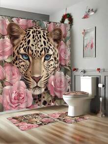 Conjunto de cortina de ducha con estampado de leopardo y rosa rosa con 12 ganchos en forma de C - Impermeable, lavable a máquina, estampado animal - Alfombra de baño impermeable y antideslizante, tapa de inodoro y juego de alfombra en forma de U Cortina de baño de 4 piezas - Juego de cortinas de baño decorativas de dibujos animados lavables a máquina, este es un conjunto de suministros decorativos de baño para fiestas adecuado para todas las temporadas y es el regalo perfecto de vacaciones para amigos y familiares. - Multicolor - Ver 15