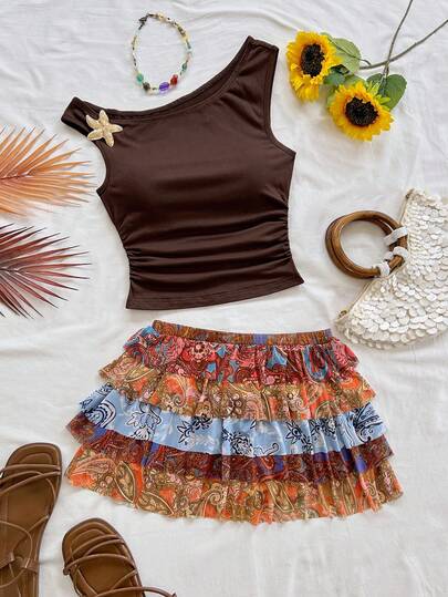 Soleia Women Metal Starfish Decor Ruched Shoulder Top And Cashew Floral Print Skirt Fashionable 2 Pieces Set Vacation Outfits Woman Skirt Set Summer Skirt And Top Set