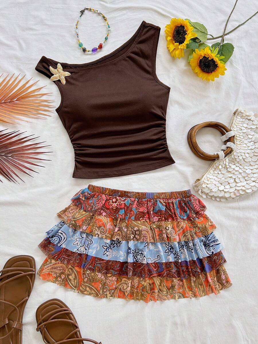 Soleia 女士金属海星装饰褶皱肩上衣和腰果印花半裙时尚两件套 - 彩色 - 查看 1