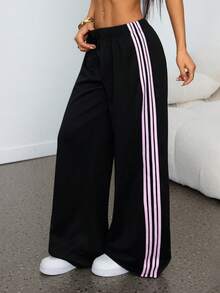 SHEIN PETITE 黑色针织阔腿裤，女士休闲运动裤，侧边饰有粉色条纹 - 黑色 - 查看 4