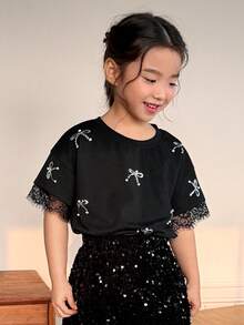 DAZY 女童（小号）夏季圆领水钻蝴蝶结蕾丝拼接短袖T恤