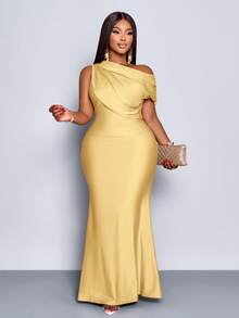 SOLERSUN 女士加大码婚礼派对优雅杏色针织亮面面料不对称露肩无袖拼接收腰修身鱼尾长裙，连衣裙，优雅女士连衣裙，派对礼服，正式礼服，白色连衣裙，奢华晚礼服，婚礼宾客礼服，米色连衣裙，圣诞节，夏季，2026，新年，中国，情人节，性感，度假 - 黃色 - 查看 6