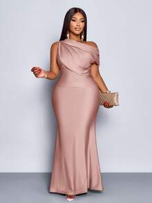 SOLERSUN 女士加大码婚礼派对优雅杏色针织亮面面料不对称露肩无袖拼接收腰修身鱼尾长裙，连衣裙，优雅女士连衣裙，派对礼服，正式礼服，白色连衣裙，奢华晚礼服，婚礼宾客礼服，米色连衣裙，圣诞节，夏季，2026，新年，中国，情人节，性感，度假 - 淺粉色 - 查看 6