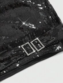 ROMWE J-Fashion 大码女式时尚亮片十字架吊坠装饰扭结垂褶领上衣，适合街头、夜店、派对等场合。 - 黑色 - 查看 3
