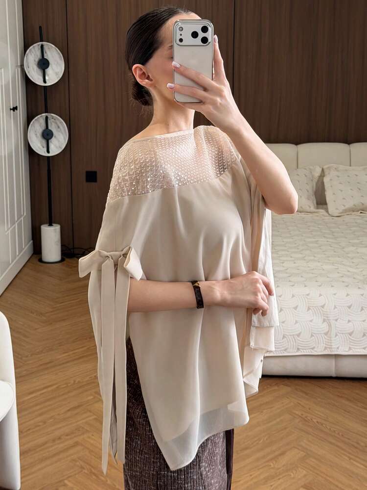 Women's Sequin Patchwork Hollow Out Cover Up With Bow Decor, Elegant Party Top For Spring/Autumn