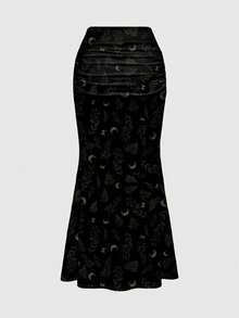 ROMWE Goth 哥特式神秘蝴蝶树叶印花褶皱美人鱼裙摆半身裙，优雅黑色，适合春夏度假穿着 - 黑色 - 查看 2