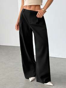 SHEIN PETITE 女士休闲优雅纯色口袋宽松裤，黑色裤子 - 黑色 - 查看 8