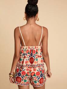 Travachic 女士印花系带流苏吊带背心和短裤两件套，春夏度假装，沙滩装，夏季装，休闲装，女士休闲套装 - 彩色 - 查看 2