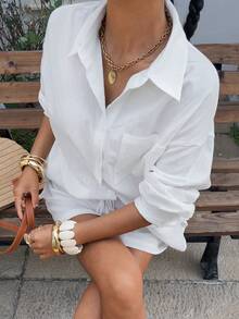 Muchica 女士休闲日常通勤简约纯色落肩宽松长袖衬衫短裤套装，春夏秋季 - 白色 - 查看 5