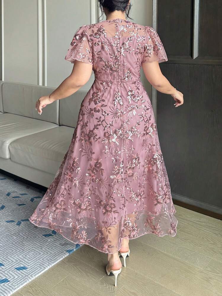 Dazy Plus Plus Size Purple Sequin Embroidered Round Neck Puff Sleeve Waist Slimming Elegant Long Party Dress For Women, Spring/Summer Sundress Floral Dresses For Women