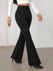 SHEIN PETITE Women's Burgundy High Waisted Flared Maxi Pants, Autumn/Winter New Arrival Black Pants - Black - View 1