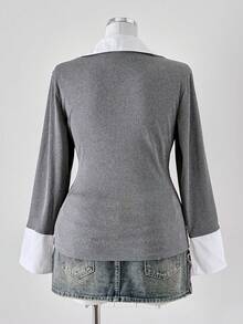 Sunspun 大码休闲撞色拼接修身长袖二合一T恤 - 灰色 - 查看 2