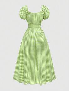 Sweetra Đầm ngắn tay phồng, eo thon, họa tiết kẻ caro, trang trí nơ, dành cho nữ, cỡ lớn. - màu xanh lá - Xem 2