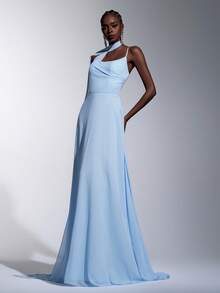 Elitara 优雅奢华蓝色弹力针织吊带亮片伴娘礼服 - 淺藍色 - 查看 6