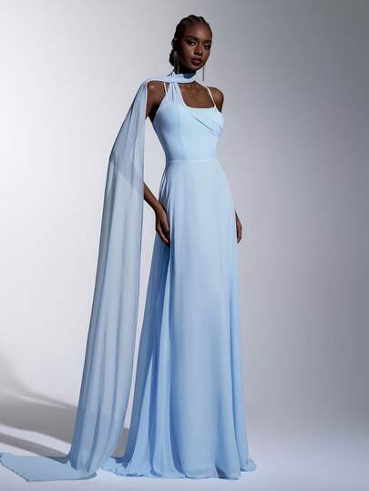 Elitara Elegant, Simple, And Stylish Light Blue Stretch Knit Dress With Flowing Straps, A-Line Silhouette, And Short Train. Suitable For Weddings, Bridal Gowns, Wedding Parties, Formal Occasions, And Bridesmaid Dresses.