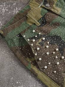 Manfinity EMRG Men's Summer Casual Camouflage Print Studded Rhinestone Denim Shorts - Army Green - View 3