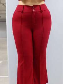 MelDlgn 大码女装秋冬办公室通勤优雅休闲街头宽腰合身喇叭裤教师裤女长裤 - 酒紅色 - 查看 3