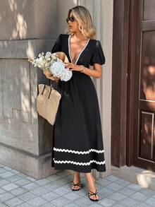 Pariaura French Retro Waist Cinched Long Dress/V-Neck Waist Cinched For Date & Commute/Puff Sleeves/Elegant Dress - Black - View 4