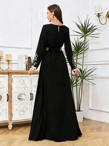 INAWLY 女士V领印花修身长袖连衣裙 - 黑色 - 查看 2