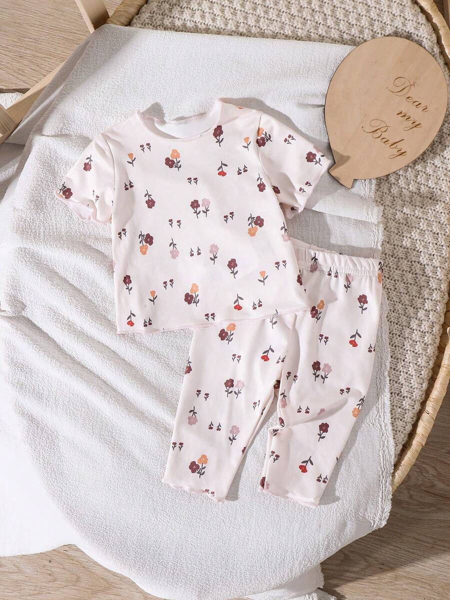 Bộ đồ mùa hè dễ thương cho bé gái sơ sinh: áo tay ngắn in hoa và quần cạp chun. - Nhiều màu - Xem 1