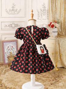 1pc Baby Girl Ruffled Sleeve Dress With Floral Print, Matching Bag, Cartoon Middle Eastern Girl Print Blue Jalabiya - Multicolor - View 2