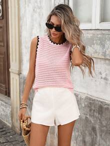 Breezaya Damtopp med öppen, texturerad stickning och kontrastfärgad krage och fållkant - Rosa - Visa 1