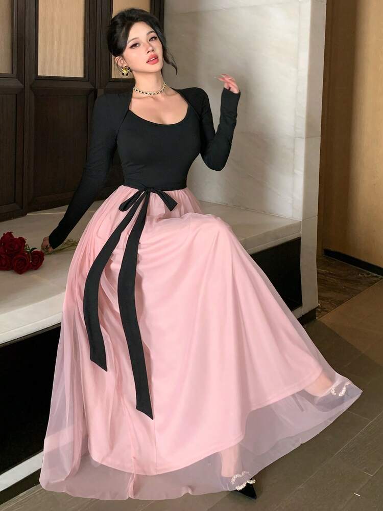 Black & Pink Mesh Patchwork Elegant Dress, Fashion Party Gown For New Year, Christmas, Wedding, Banquet, Ball With Bow Tie Cinched Waist, Mid-Length For Women, Suitable For Spring & Autumn