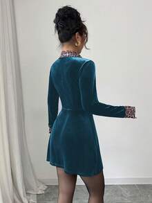 Elenzga 豹纹天鹅绒黑色舒适优雅浪漫简约女士连衣裙 - 水鴨藍 - 查看 2