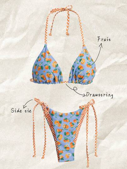 Elavelle Springbreak Women Fruit Print Sleeveless Sexy Bikini Sets, Beach Swimwear Outfits For Young Ladies Summer