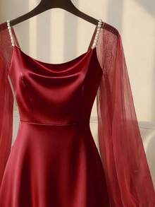 SHEIN Franclia 女士优雅缎面珍珠装饰长袖A字连衣裙，适合通勤、派对和聚会等场合 - 酒紅色 - 查看 3